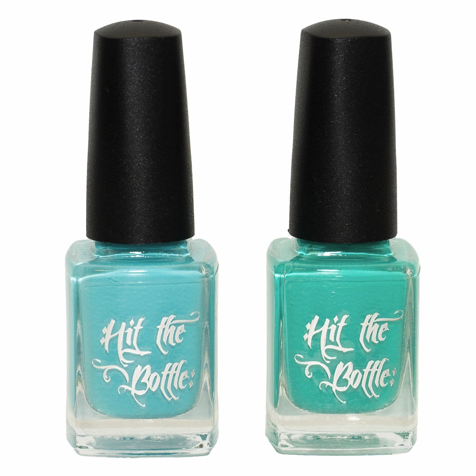Two bottles of latex. One teal, one green.