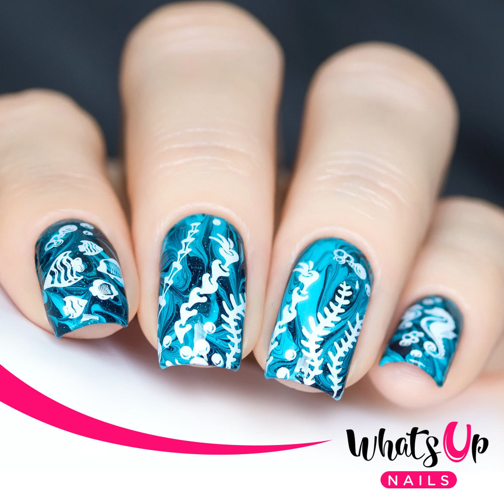 underwater sea nail art stamped with white