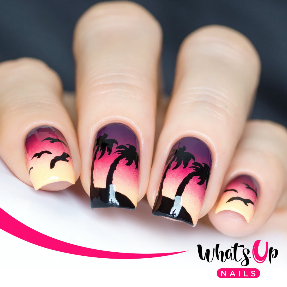 sunset nails with black palm trees