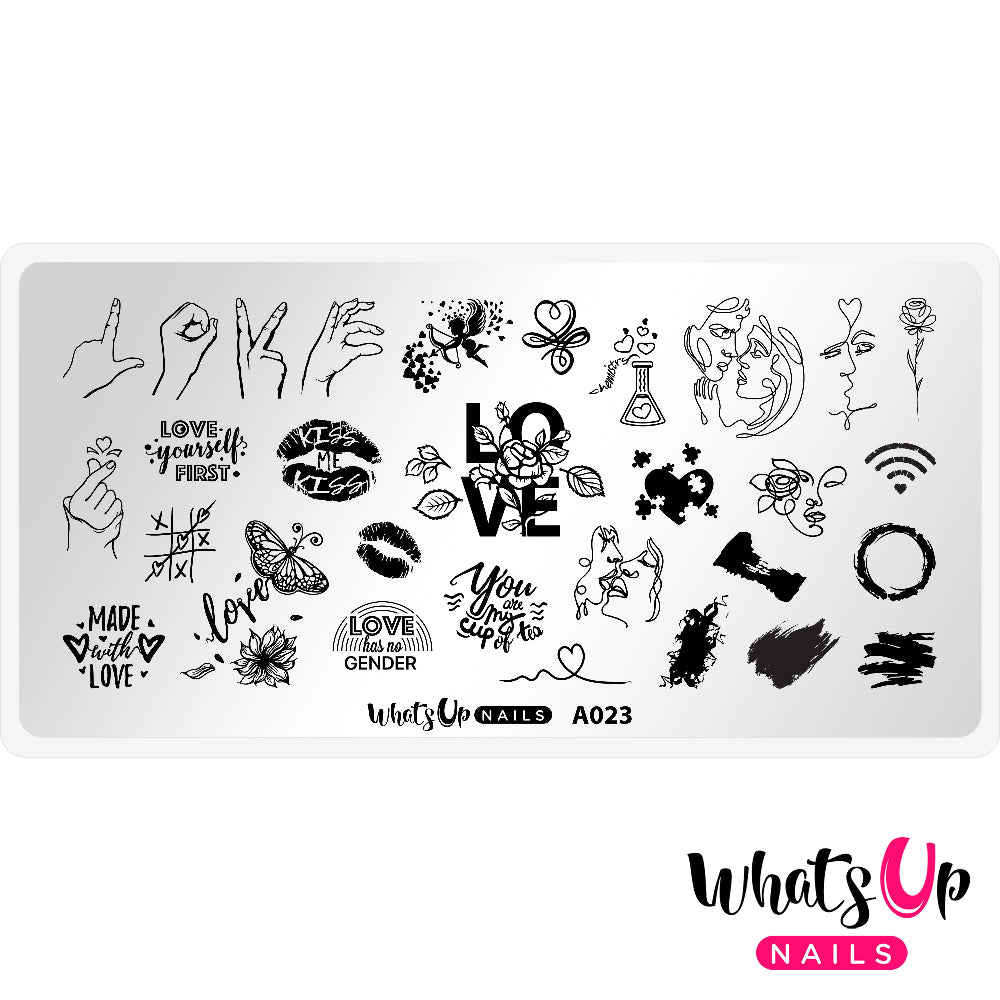 valentines day stamping plate with hands spelling out "love", lips kisses aned scribble type designs