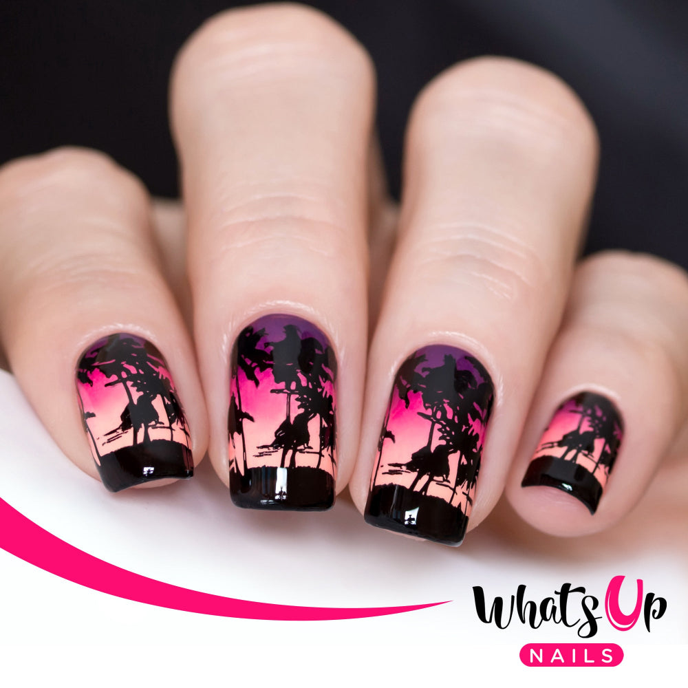 sunset background with black palm trees stamping nail art