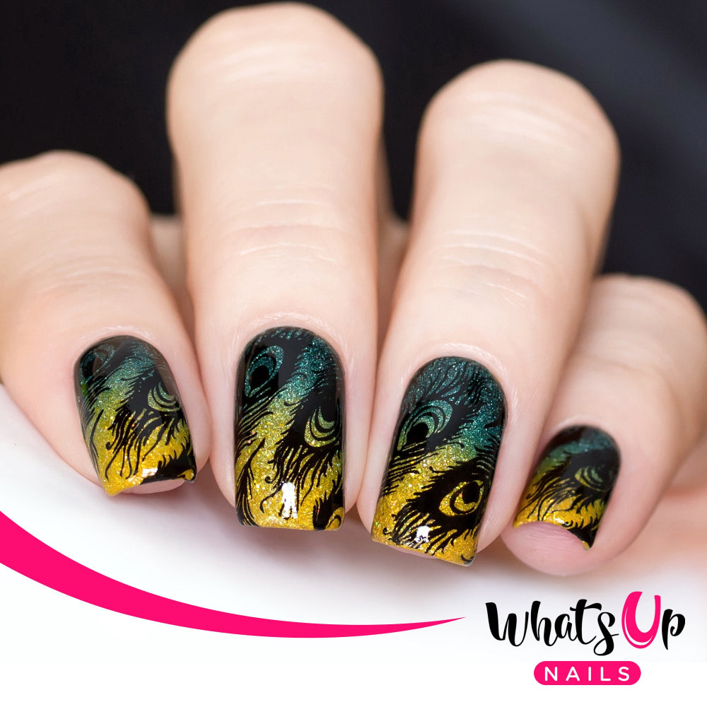 green to yellow gradient nails stamped with black feather design