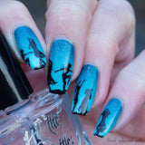 Blue gradient base. Holo topcoat to look like stars. Stamping of girls dancing at twilight.