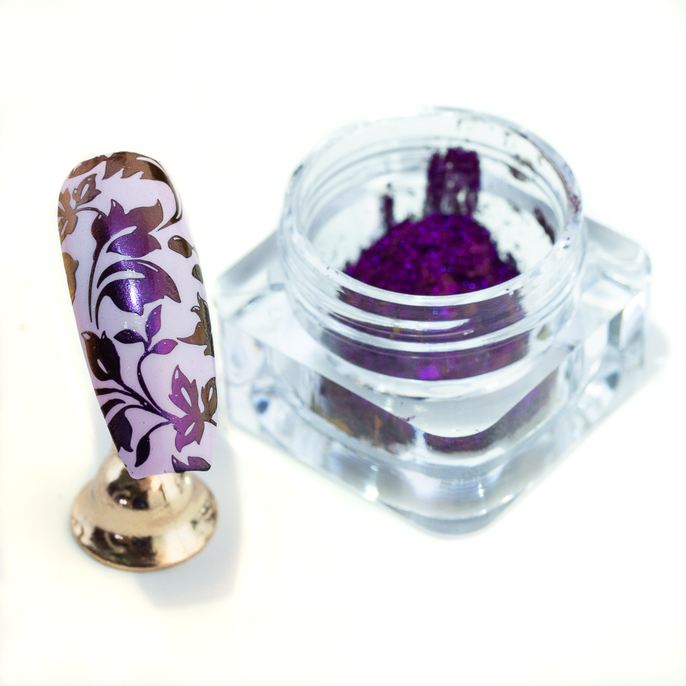 Purple-emperor-chameleon-pigment. Multichrome-stamping-pigment-pot-and-swatch-nail.