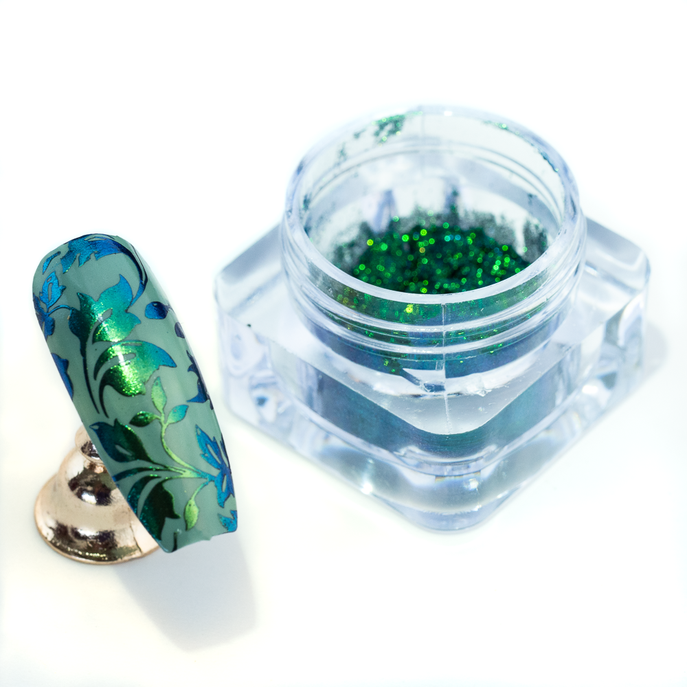 Rainforest-Jewel-chameleon-pigment. Multichrome-stamping. Pigment-pot-and-swatch-nail.