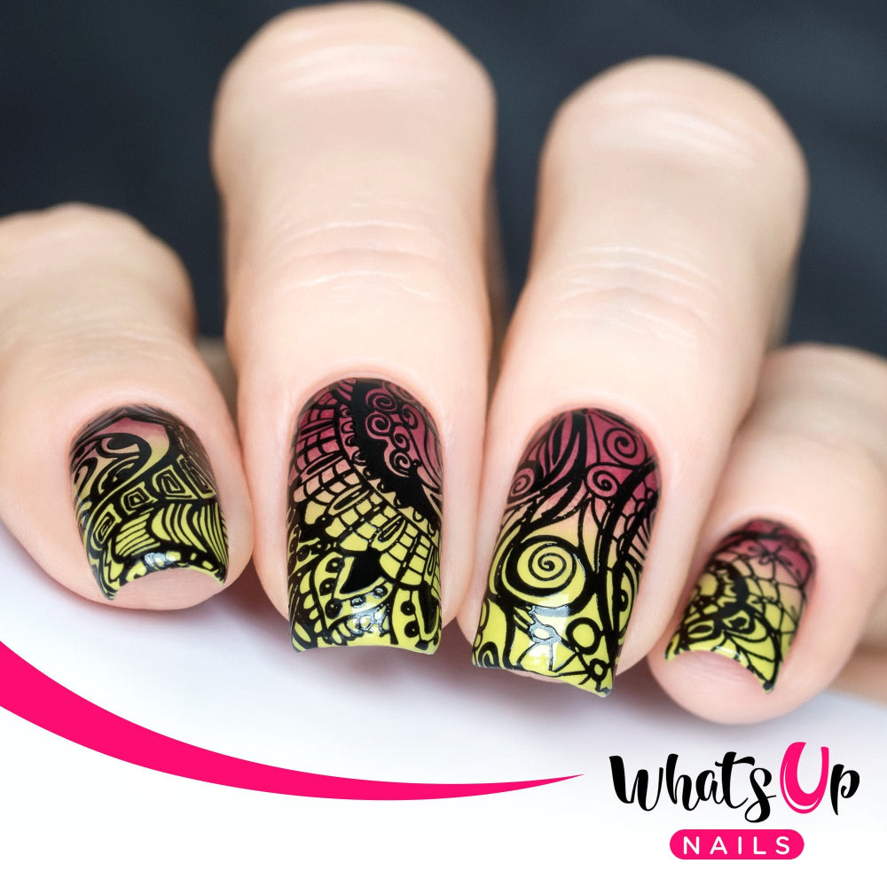red to yellow gradient with black stamping design of a lace pattern