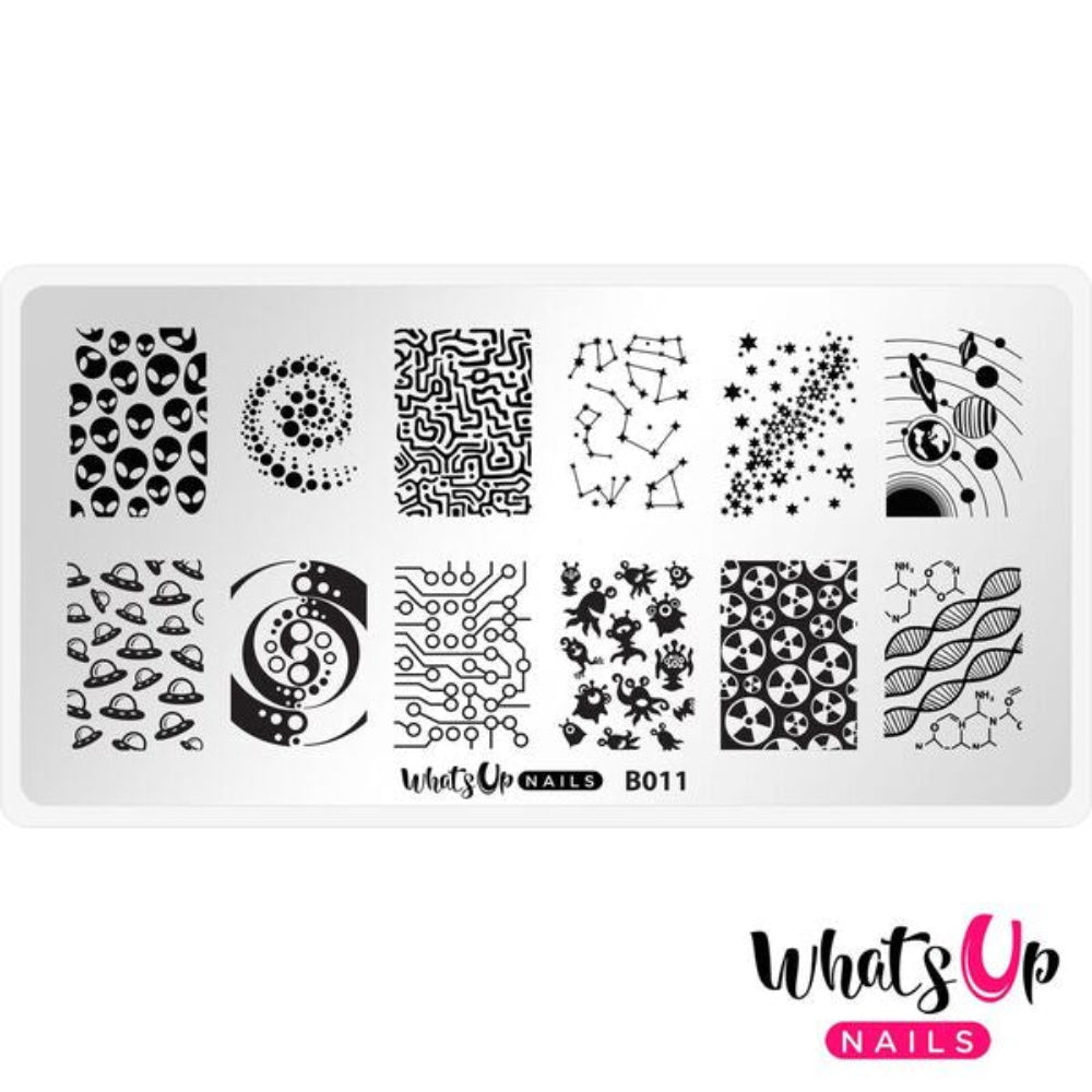 Intergalactic Encounters design stamping plate
universe, aliens, constellations, double helix, cartoon space men, radioactive symbols, space ships