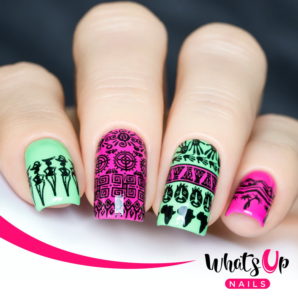 pink and green Aztec stamped nail art