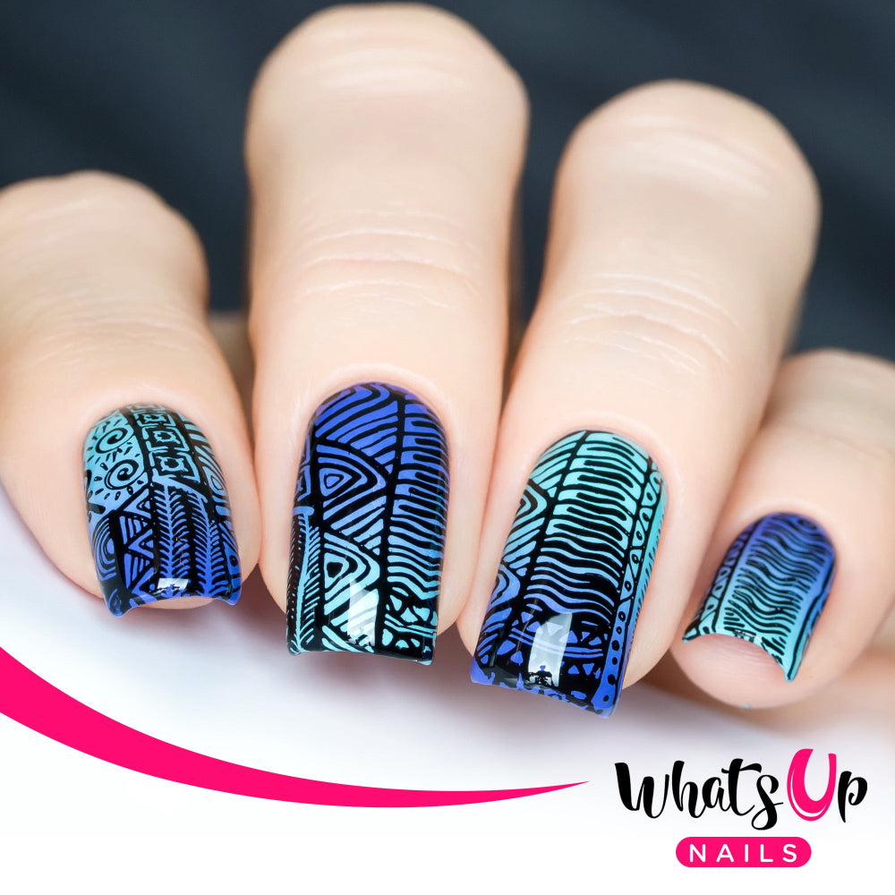 blue gradient, black tribal design nail art