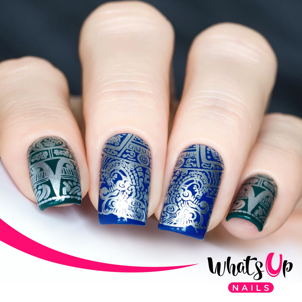 silver on green and blue Aztec nail art