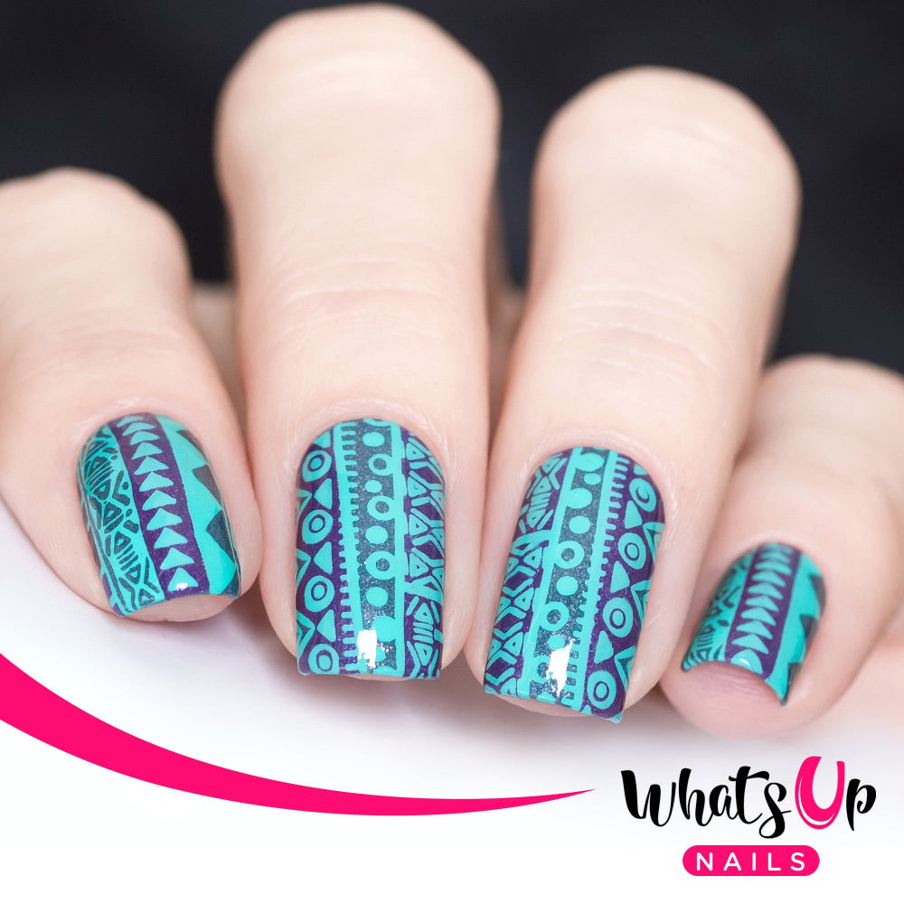 tribal stamped nail art in turquoise and purple