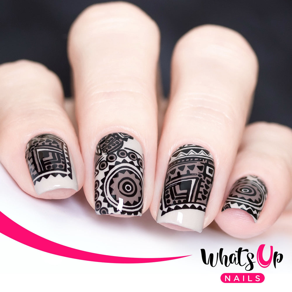 neutral colours tribal nail art with black stamping design