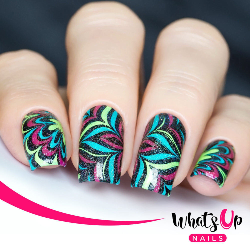 watermarble nail art, blue, green, pink and black