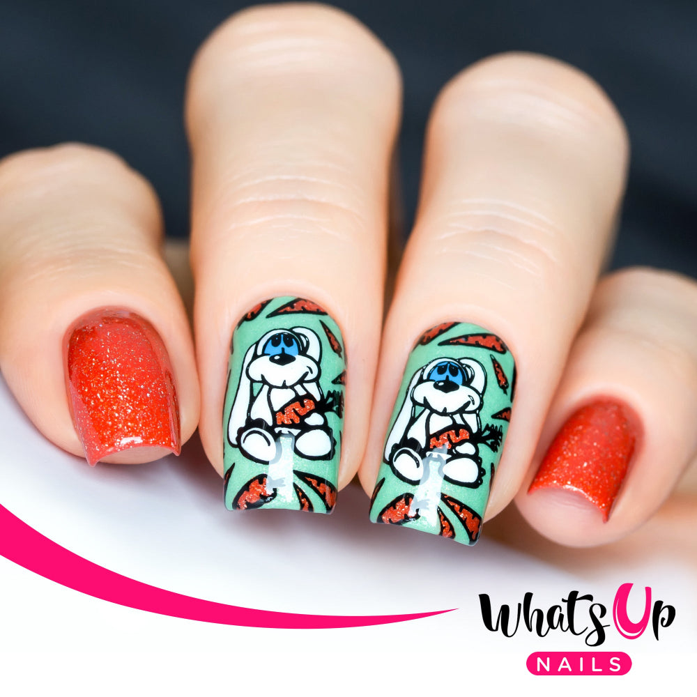 green nails, rabbit design holding carrot