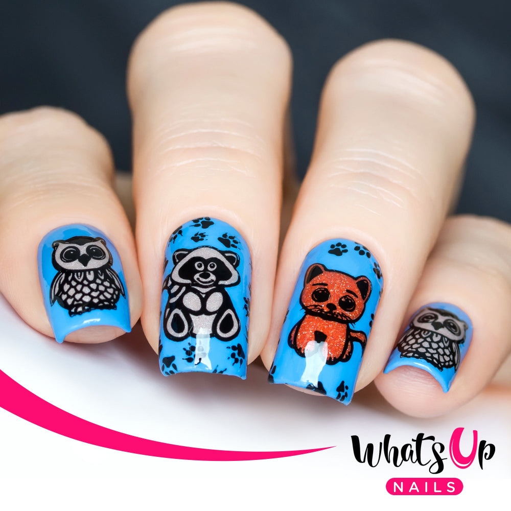 blue nails with cute owls stamped in black