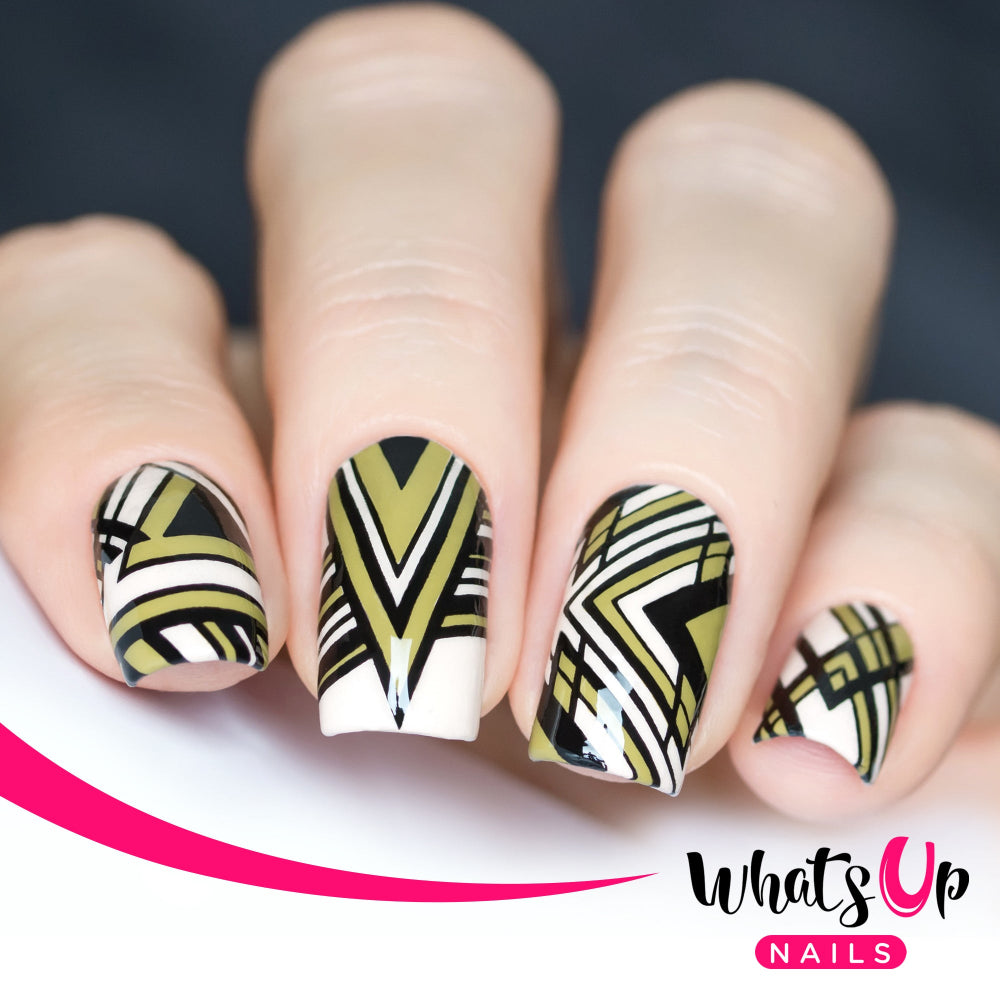 geometric design nail art, black and olive on white