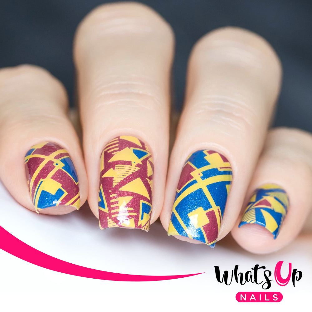 red, blue and yellow geometric print nails