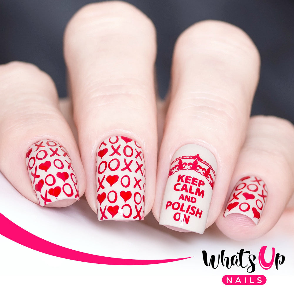 red stamping on beige base, Valentines nail art design