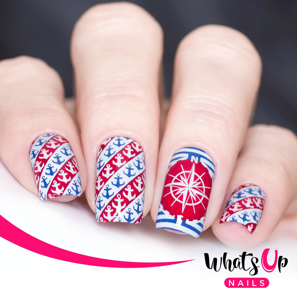 blue, red and white nautical design nails 
compass and anchors
