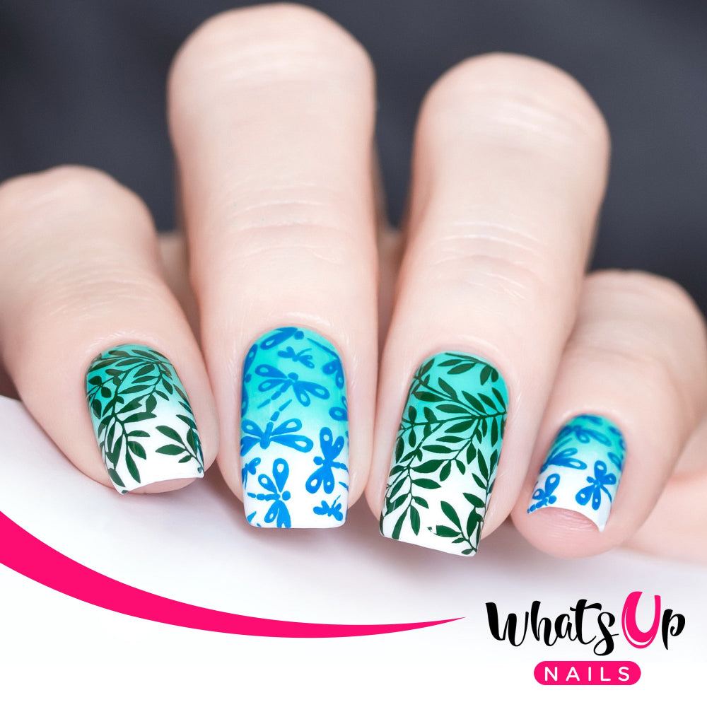 blue and green dragonfly and leaf design nails