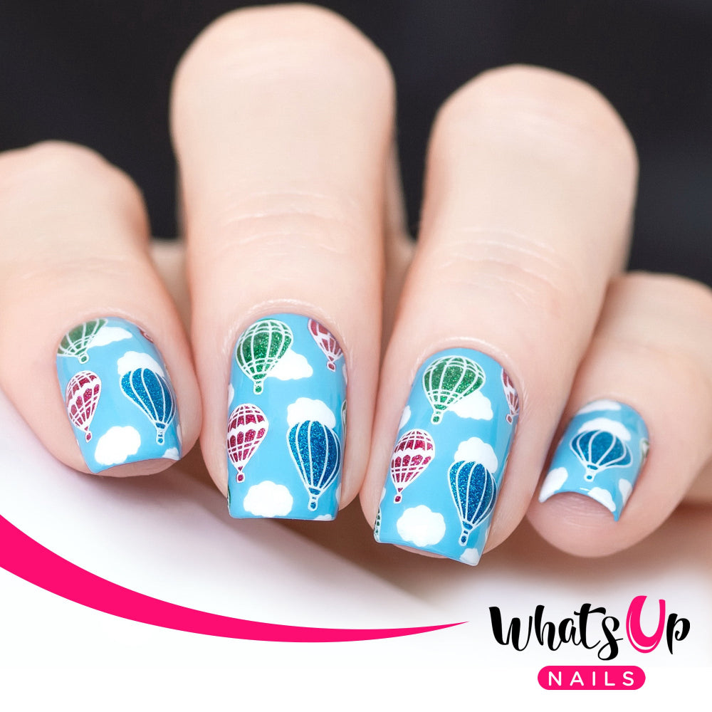 sky blue nails with hot air balloon design
