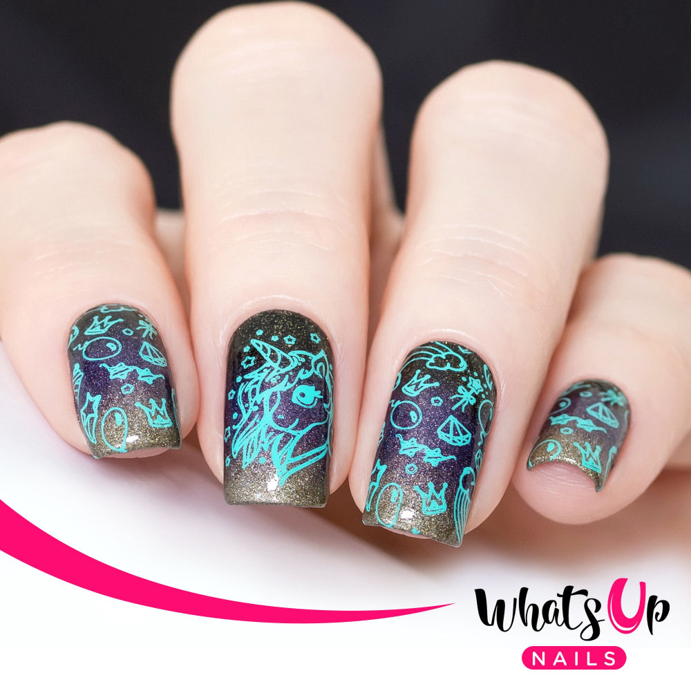 dark nails with turquoise unicorn design