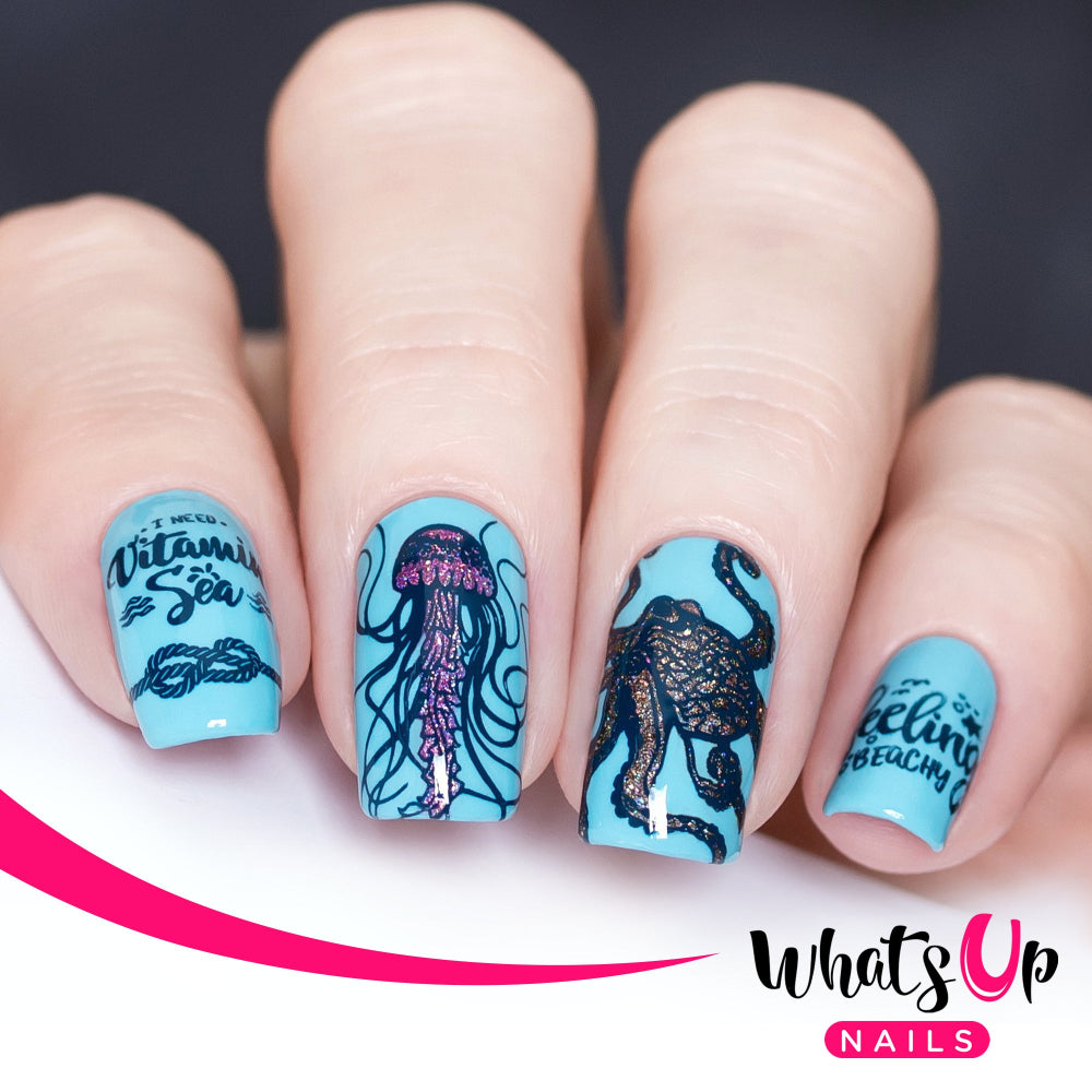 sea nail design with octopus, squid and words