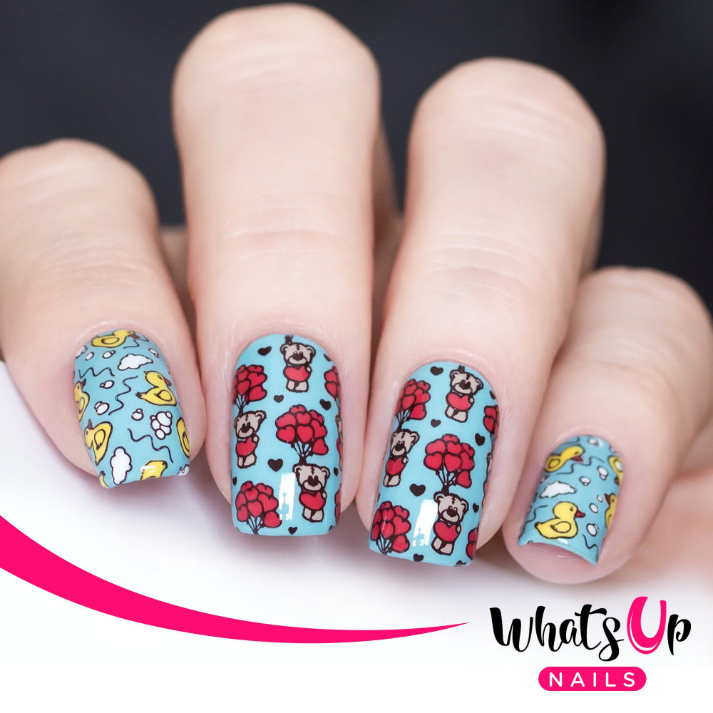 teddy bear carrying heart balloons, and toy duck nail design