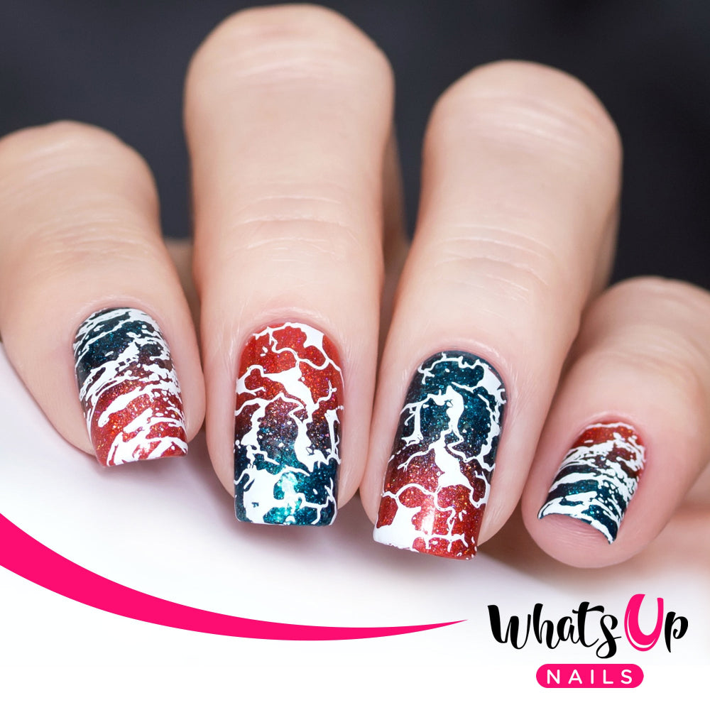 red and blue nails with white stamping texture design