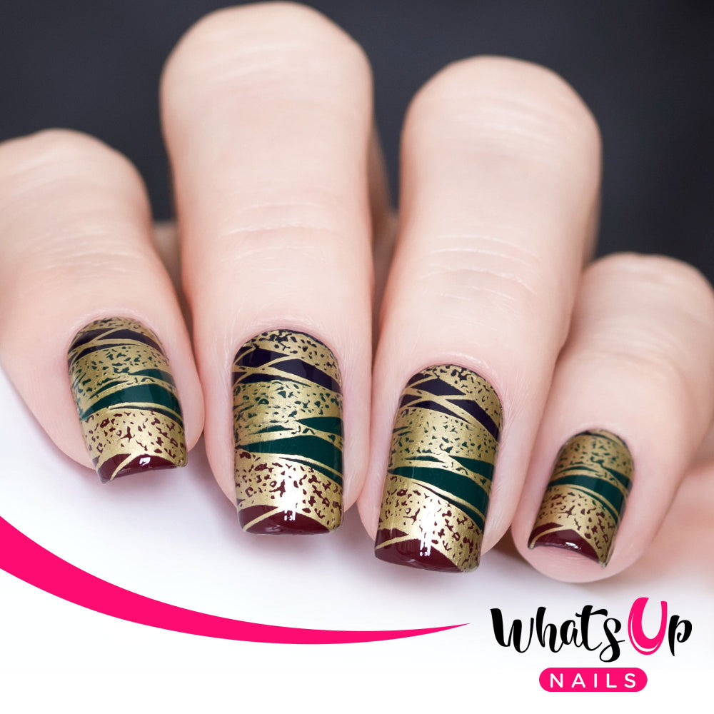 gold, burgundy, green and red nail art