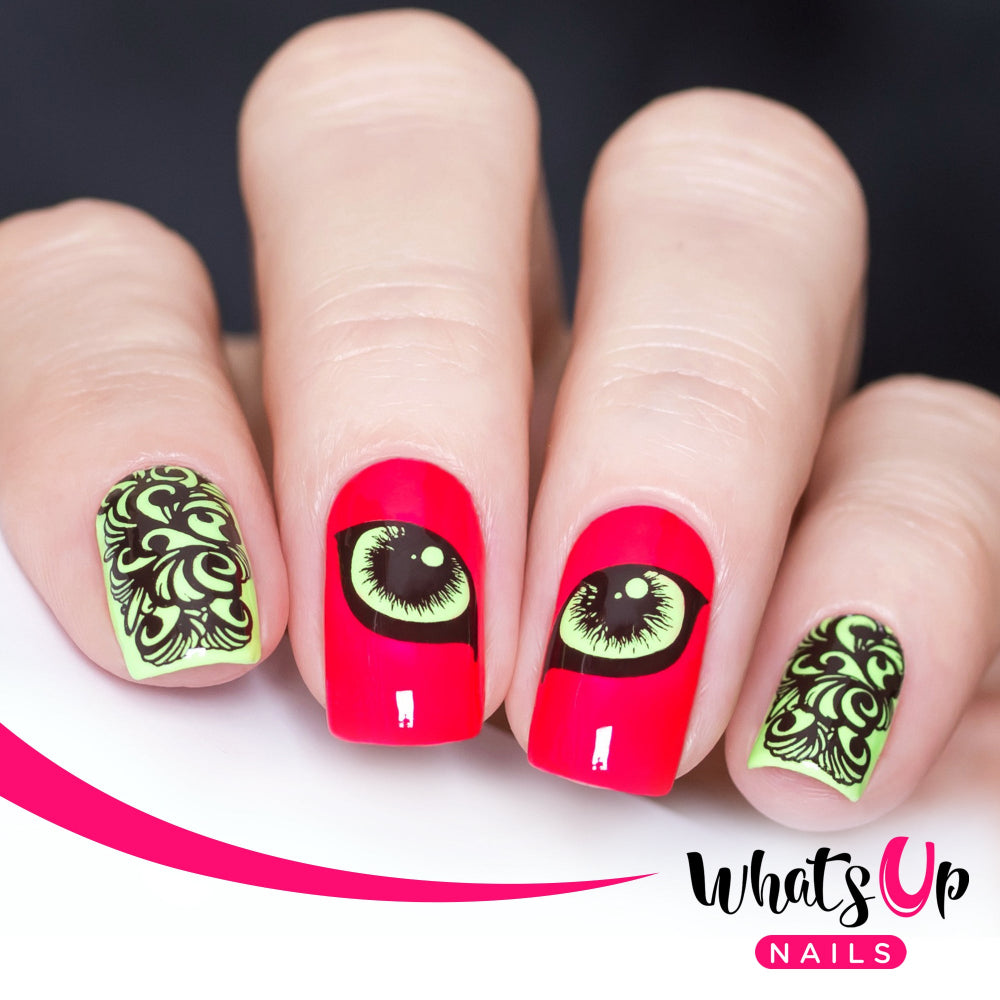 eyes and ornate pattern , red, yellow and brown nail art