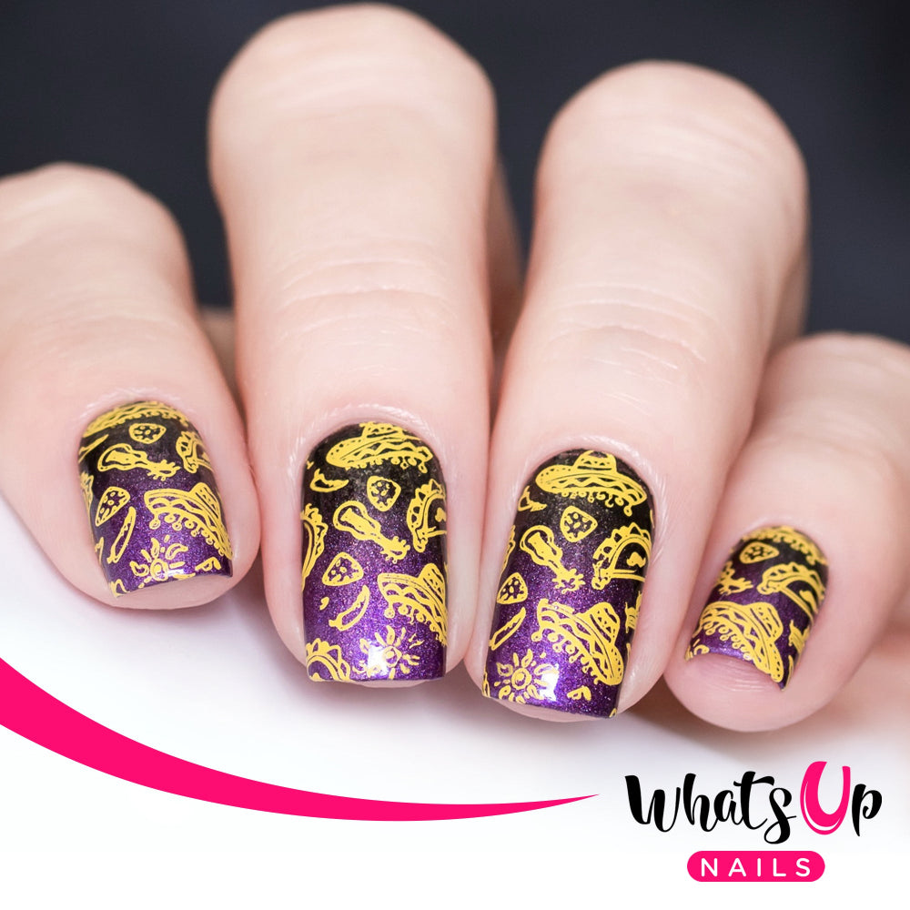 purple and yellow nail art stamping
