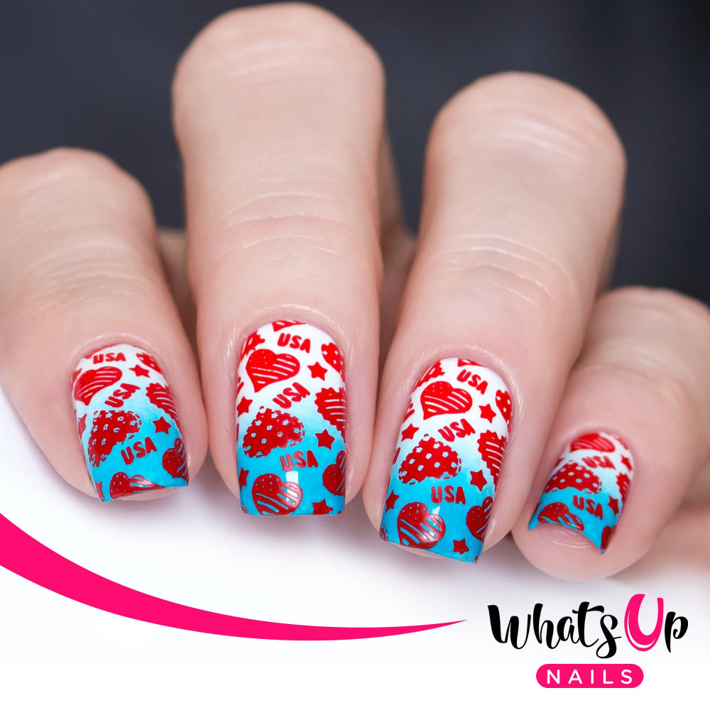 blue and white nails with red stamping USA themed nail art