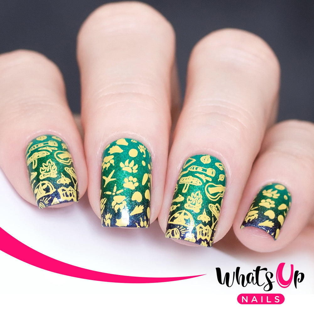 green nails with yellow camping design