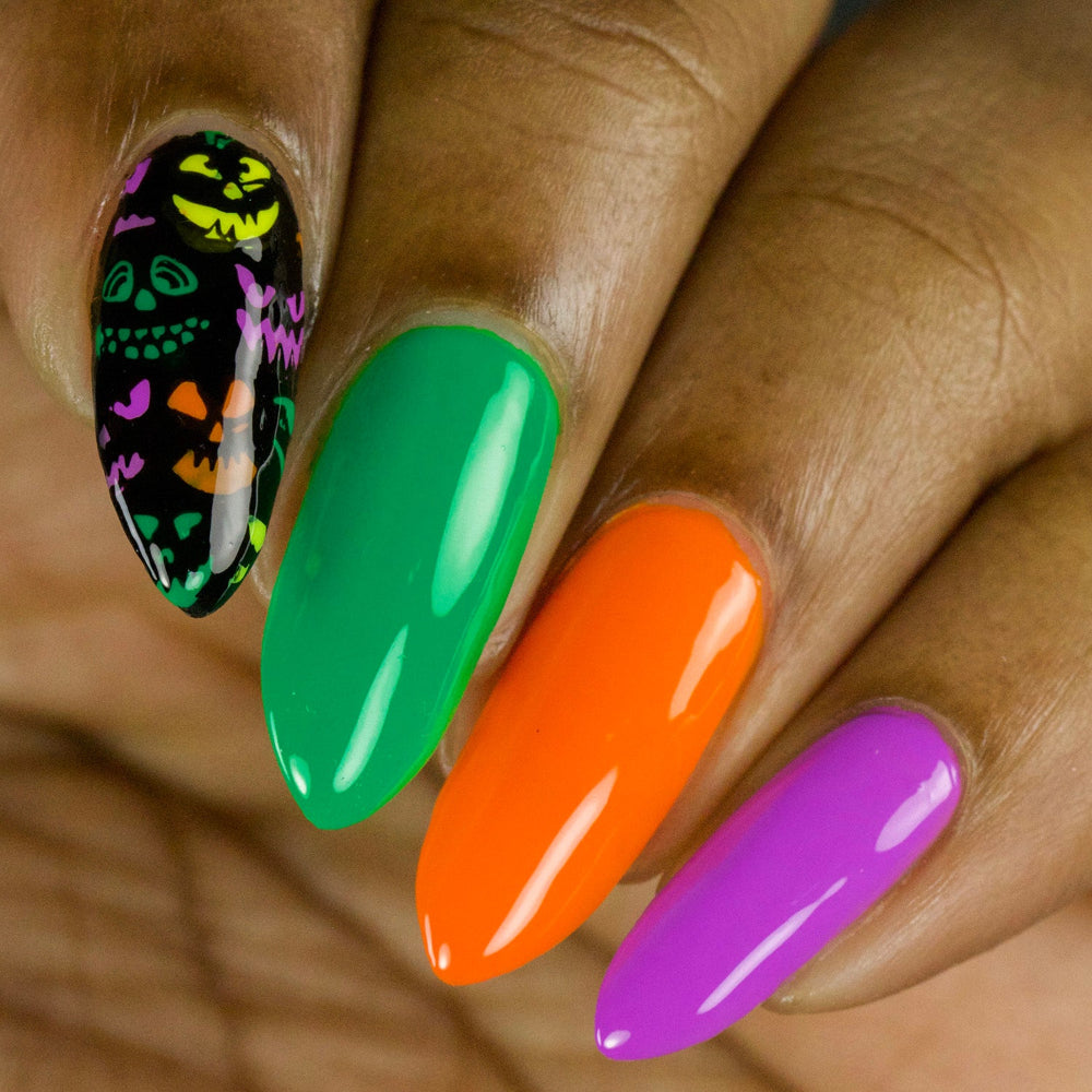 green, orange, purple Halloween nail art