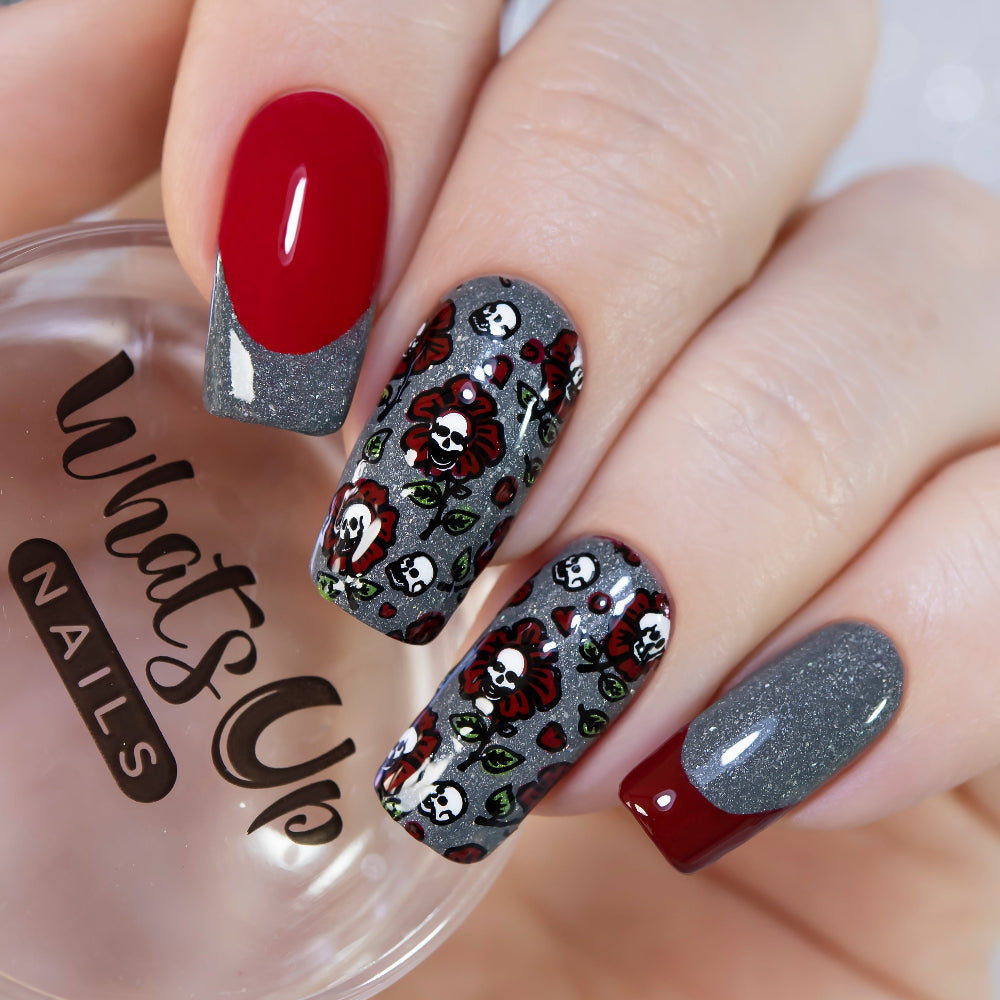 grey red and black halloween flowers nail art