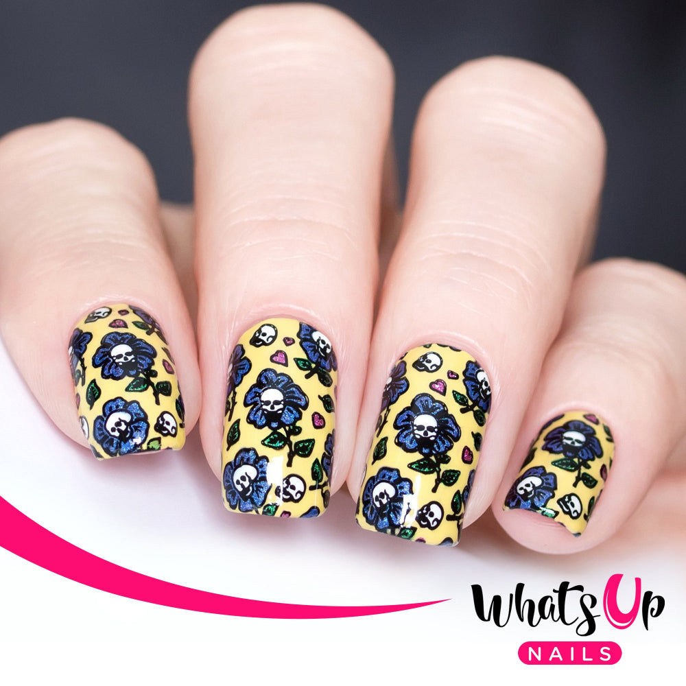 skull flower nail art, blue and yellow