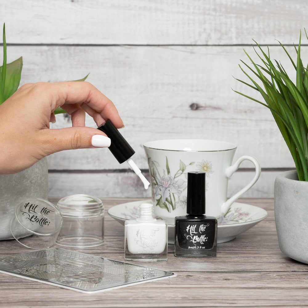 stamper, stamping plate, black and white nail polishes