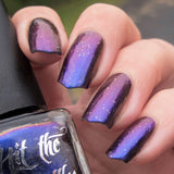 "Bowerbird's Treasure" multichrome nail polish by Hit the Bottle. Shifts from royal blue, to purple, to coppery red. 