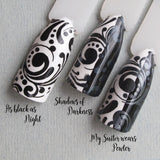 Black comparison stamping polish swatches