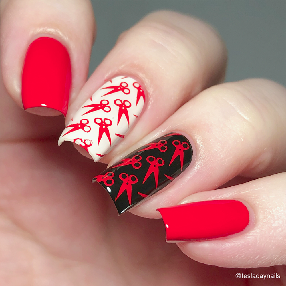 Red creme stamping polish nails 