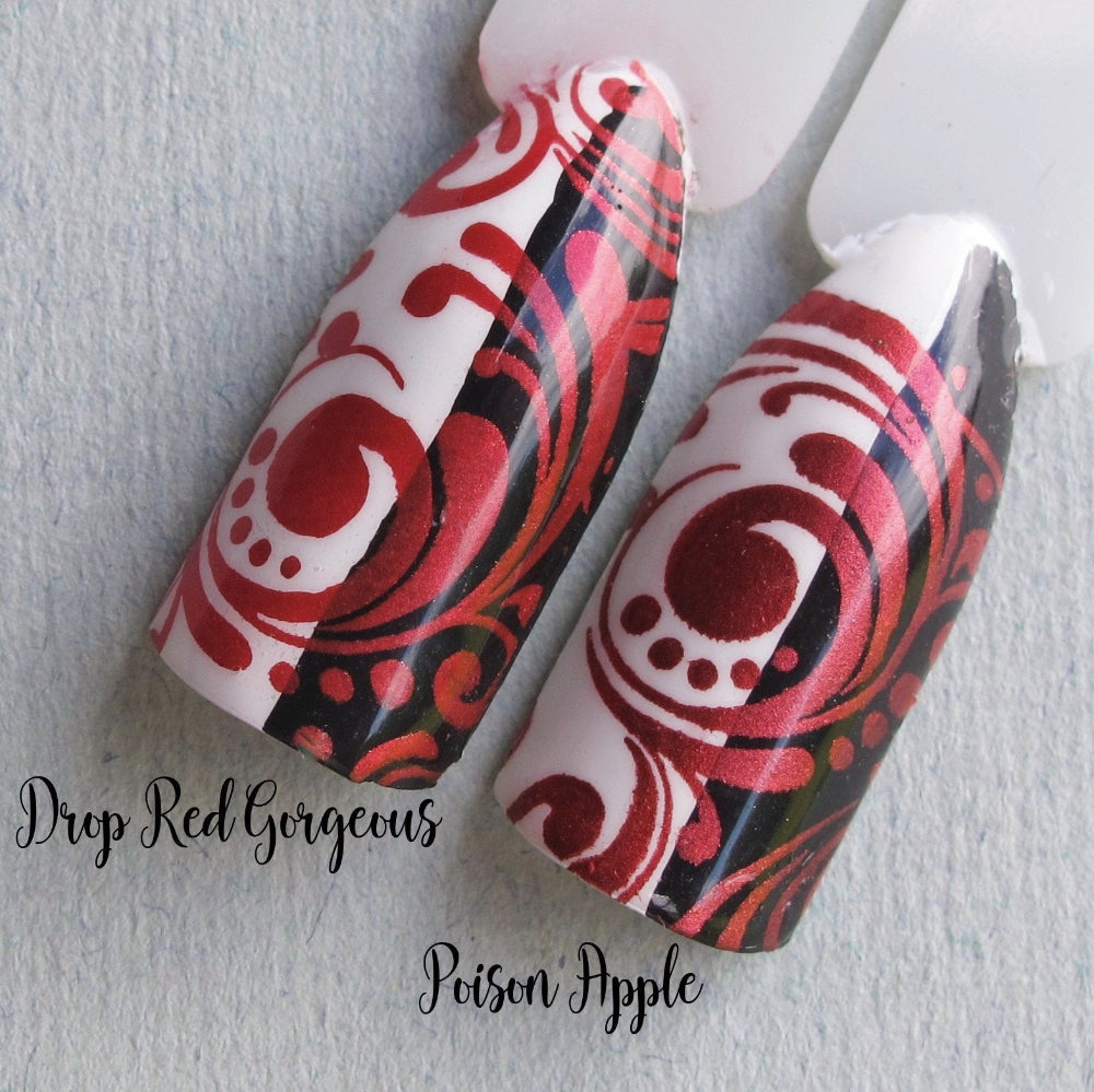 "Drop Red Gorgeous" stamping polish comparison with Poison Apple 