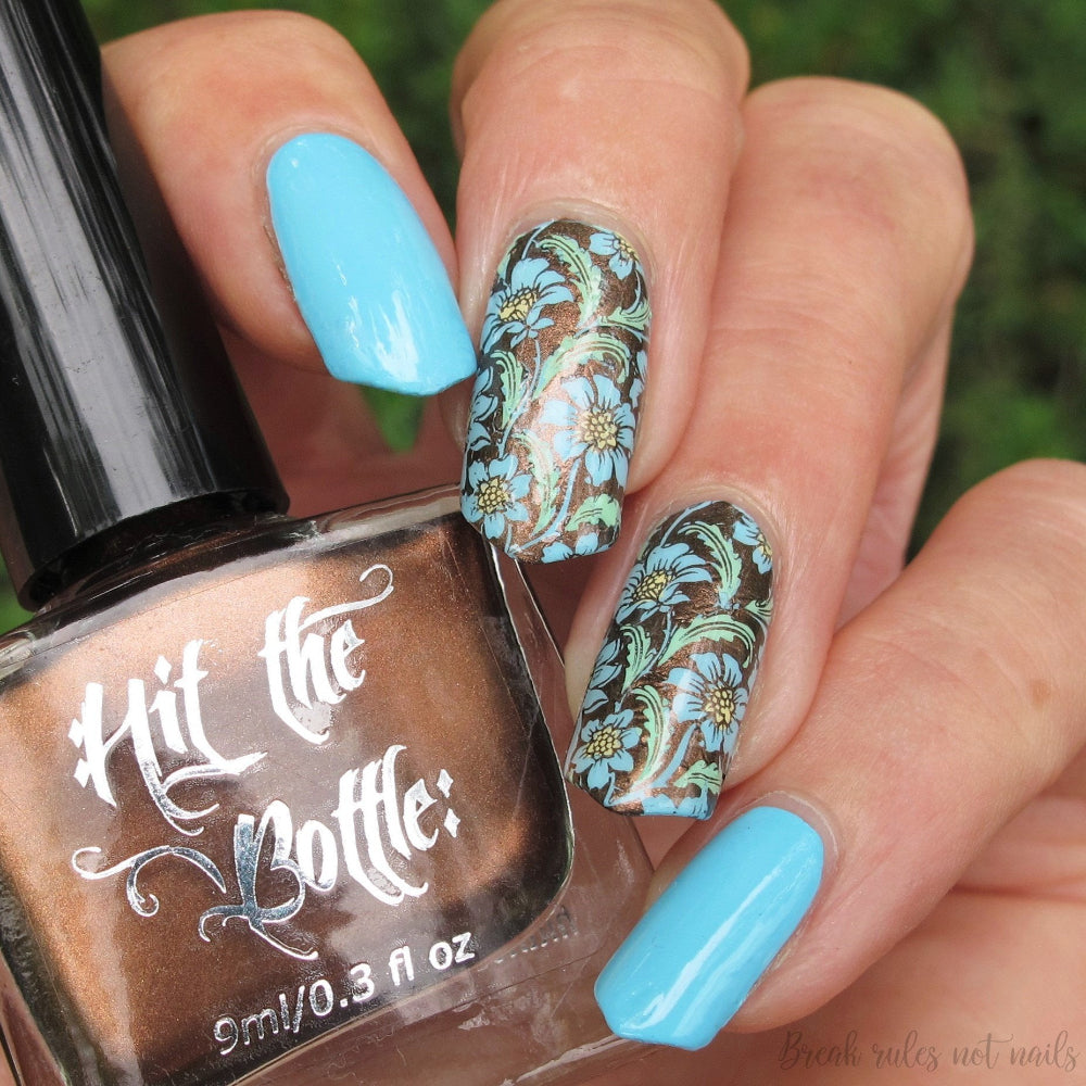Brown and blue floral nail art 