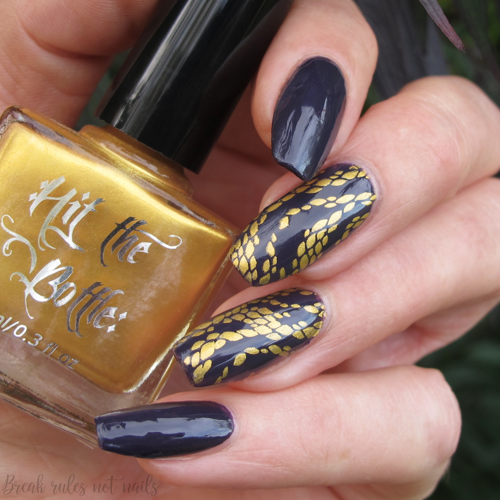 "To Have and to Gold" stamping polish over dark purple 