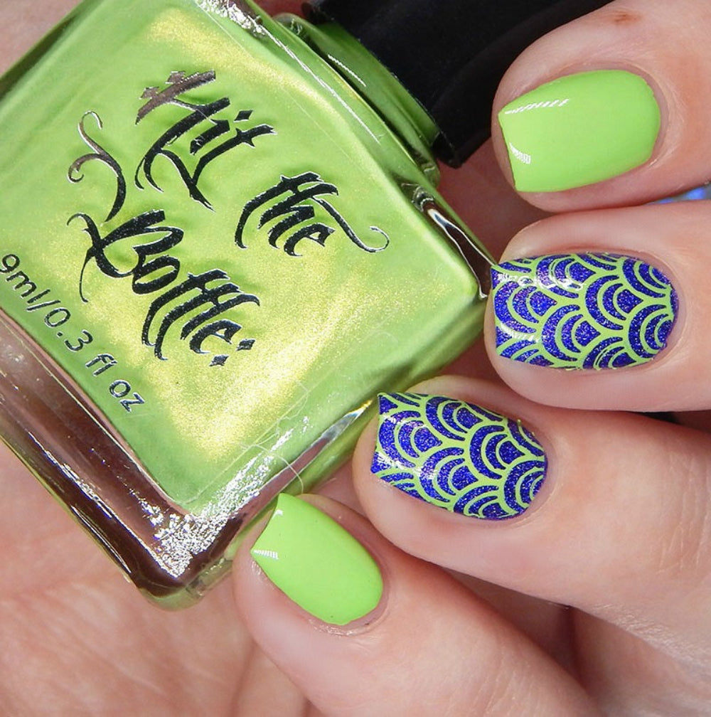 apple green stamping over blue 