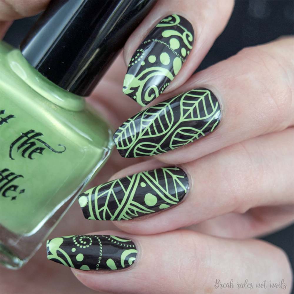 apple green stamping over brown 
