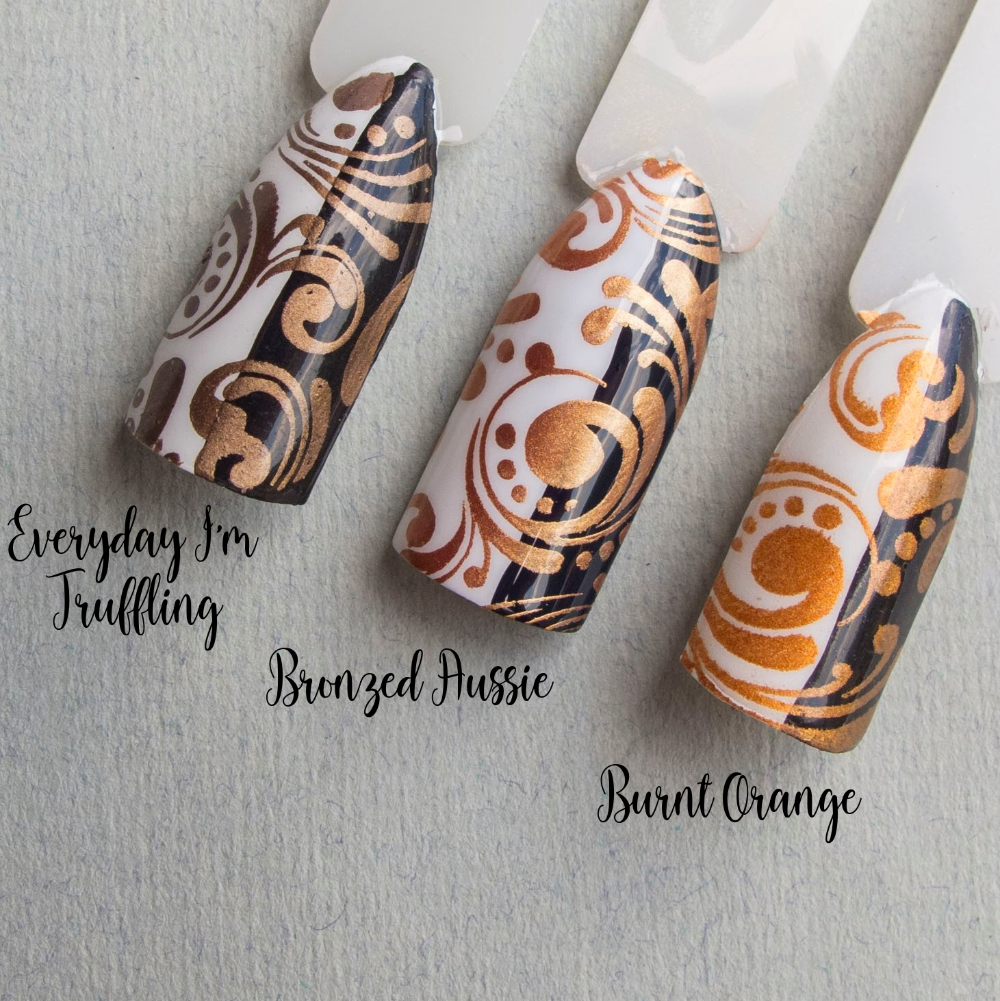 comparison swatch sticks oranges and brown 