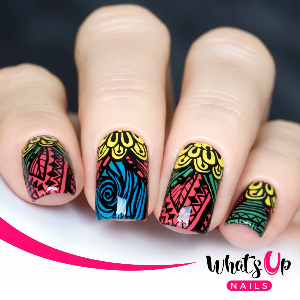 red blue and yellow done with Majestic Flowers stamping plate