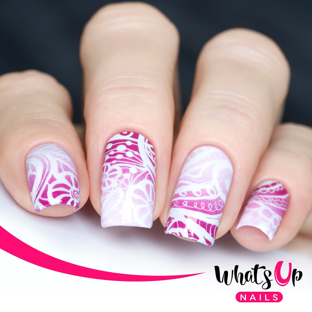 pale pink to dark pink gradient with pale pink lace stamping design 