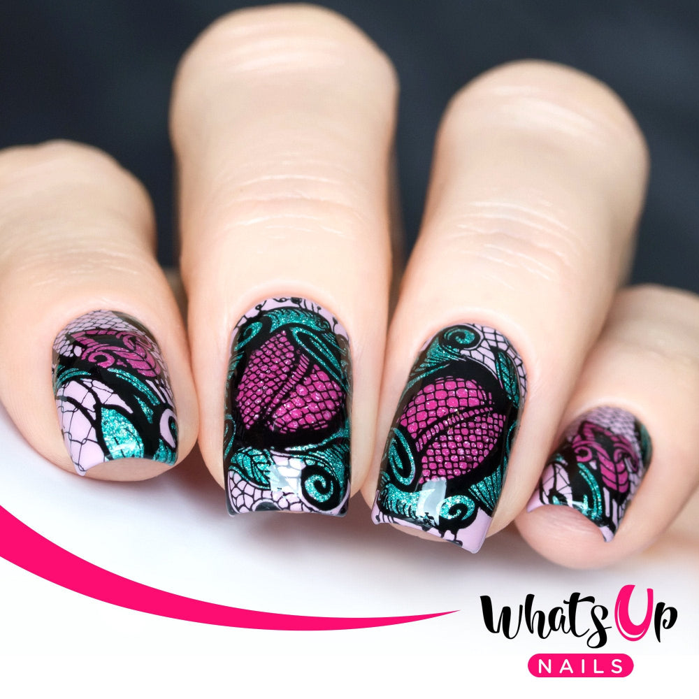 lace design nail art in black, pink and green 